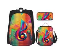 MDATT Mochilas coloridas de notas musicales, mochilas de estudio con lonchera, estuche de lona, bolsa de viaje para estudiantes de primaria, Black, Talla única, Juego de mochila escolar