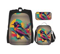 MDATT Mochilas coloridas de pájaros, mochilas de estudio con lonchera, estuche de lona, bolsa de viaje para estudiantes de primaria, Black, Talla única, Juego de mochila escolar