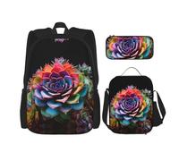 MDATT Mochilas coloridas para estudio con suculentas, con lonchera, estuche de lona, bolsa de viaje para estudiantes de primaria, Black, Talla única, Juego de mochila escolar