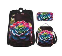 MDATT Mochilas coloridas para estudio con suculentas, con lonchera, estuche de lona, bolsa de viaje para estudiantes de primaria, Black, Talla única, Juego de mochila escolar