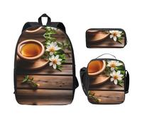 MDATT Mochilas con diseño de flor verde azulado sobre tablones de madera con estuche para el almuerzo, bolsa ligera para libros para excursiones de camping, Black, Talla única, Organizador de bolsas