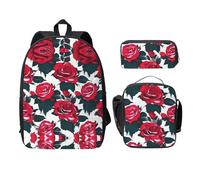 MDATT Mochilas con diseño floral de rosas con estuche para el almuerzo, bolsa ligera para libros para excursiones de camping, Black, Talla única, Organizador de bolsas