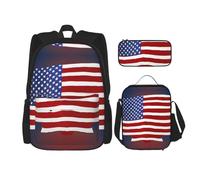 MDATT Mochilas de béisbol con bandera estadounidense, mochilas de estudio con lonchera y estuche de lona para estudiantes de primaria, Black, Talla única, Juego de mochila escolar
