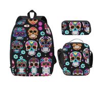 MDATT Mochilas de calavera de azúcar con estuche para el almuerzo, bolsa ligera para libros para excursiones de camping, Negro, Talla única