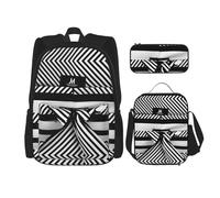 MDATT Mochilas de estudio a rayas blancas y negras con lonchera, estuche de lona, bolsa de viaje para estudiantes de primaria, Black, Talla única, Juego de mochila escolar