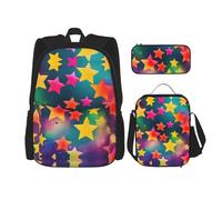 MDATT Mochilas de estudio coloridas con diseño de estrellas y arcoíris, con lonchera, estuche de lona, bolsa de viaje para estudiantes de primaria, Black, Talla única, Juego de mochila escolar