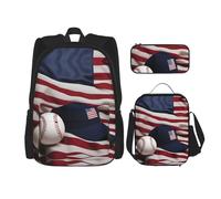 MDATT Mochilas de estudio con bandera estadounidense y béisbol, con lonchera, estuche de lona, bolsa de viaje para estudiantes de primaria, Black, Talla única, Juego de mochila escolar
