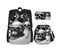 MDATT Mochilas de estudio con calaveras blancas y negras con fiambrera, estuche de lona, bolsa de viaje para estudiantes de primaria, Black, Talla única, Juego de mochila escolar