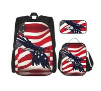 MDATT Mochilas de estudio con diseño de águila y bandera estadounidense, con lonchera, estuche de lona, bolsa de viaje para estudiantes de primaria, Black, Talla única, Juego de mochila escolar