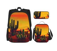 MDATT Mochilas de estudio con diseño de cactus en el desierto, con lonchera, estuche de lona, bolsa de viaje para estudiantes de primaria, Black, Talla única, Juego de mochila escolar