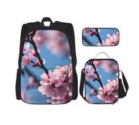 MDATT Mochilas de estudio con diseño de flor de ciruelo con lonchera, estuche de lona, bolsa de viaje para estudiantes de primaria, Black, Talla única, Juego de mochila escolar