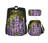 MDATT Mochilas de estudio con diseño de flores de lavanda con lonchera, estuche de lona, bolsa de viaje para estudiantes de primaria, Black, Talla única, Juego de mochila escolar