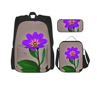 MDATT Mochilas de estudio con diseño de flores moradas con lonchera, estuche de lona, bolsa de viaje para estudiantes de primaria, Black, Talla única, Juego de mochila escolar