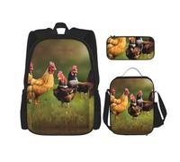 MDATT Mochilas de estudio con diseño de gallo con lonchera, estuche de lona, bolsa de viaje para estudiantes de primaria, Black, Talla única, Juego de mochila escolar