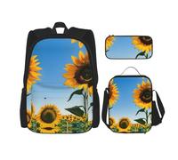 MDATT Mochilas de estudio con diseño de girasoles, con lonchera, estuche de lona, bolsa de viaje para estudiantes de primaria, Black, Talla única, Juego de mochila escolar