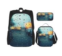 MDATT Mochilas de estudio con diseño de gotas de lluvia sobre vidrio, con lonchera, estuche de lona, bolsa de viaje para estudiantes de primaria, Black, Talla única, Juego de mochila escolar