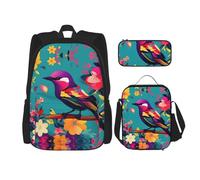 MDATT Mochilas de estudio con diseño de pájaros y flores coloridas con lonchera, estuche de lona, bolsa de viaje para estudiantes de primaria, Black, Talla única, Juego de mochila escolar