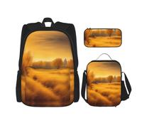 MDATT Mochilas de estudio con diseño de pasto dorado otoñal, con lonchera, estuche de lona, bolsa de viaje para estudiantes de primaria, Black, Talla única, Juego de mochila escolar
