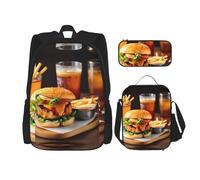 MDATT Mochilas de estudio con diseño de pata de pollo para bebidas y hamburguesas con lonchera, estuche de lona, bolsa de viaje para estudiantes de primaria, Black, Talla única, Juego de mochila
