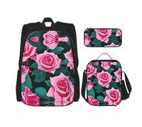 MDATT Mochilas de estudio con diseño de rosas rojas, con lonchera, estuche de lona, bolsa de viaje para estudiantes de primaria, Black, Talla única, Juego de mochila escolar