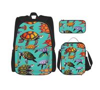 MDATT Mochilas de estudio con diseño de tortugas marinas, con lonchera y estuche de lona, bolsa de viaje para estudiantes de primaria, Black, Talla única, Juego de mochila escolar