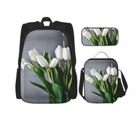 MDATT Mochilas de estudio con diseño de tulipanes blancos, con lonchera, estuche de lona, bolsa de viaje para estudiantes de primaria, Black, Talla única, Juego de mochila escolar