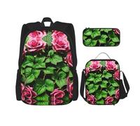 MDATT Mochilas de estudio con diseño floral de hiedra rosa con hojas, con lonchera, estuche de lona, bolsa de viaje para estudiantes de primaria, Black, Talla única, Juego de mochila escolar
