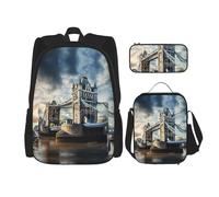 MDATT Mochilas de estudio con diseño histórico del puente de la Torre Vieja de Londres, con lonchera, estuche de lona, bolsa de viaje para estudiantes de primaria, Black, Talla única, Juego de mochila