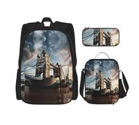 MDATT Mochilas de estudio con diseño histórico del puente de la Torre Vieja de Londres, con lonchera, estuche de lona, bolsa de viaje para estudiantes de primaria, Black, Talla única, Juego de mochila