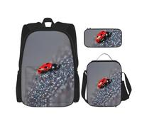 MDATT Mochilas de estudio con estampado de mariquitas con estampado infinito, con lonchera, estuche de lona, bolsa de viaje para estudiantes de primaria, Black, Talla única, Juego de mochila escolar