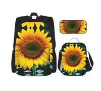 MDATT Mochilas de estudio con patrón de girasol, con lonchera, estuche de lona, bolsa de viaje para estudiantes de primaria, Black, Talla única, Juego de mochila escolar