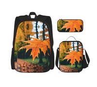 MDATT Mochilas de estudio con patrón otoñal con lonchera, estuche de lona, bolsa de viaje para estudiantes de primaria, Black, Talla única, Juego de mochila escolar