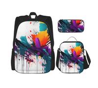 MDATT Mochilas de estudio con salpicaduras de pintura, con lonchera, estuche de lona, bolsa de viaje para estudiantes de primaria, Black, Talla única, Juego de mochila escolar