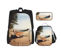 MDATT Mochilas de estudio de barco en la playa, con lonchera, estuche de lona, bolsa de viaje para estudiantes de primaria, Black, Talla única, Juego de mochila escolar