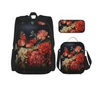 MDATT Mochilas de estudio de flores y mariposas, con lonchera, estuche de lona, bolsa de viaje para estudiantes de primaria, Black, Talla única, Juego de mochila escolar