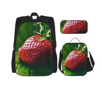 MDATT Mochilas de estudio de fresa con lonchera y estuche de lona para estudiantes de primaria, Black, Talla única, Juego de mochila escolar