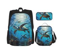 MDATT Mochilas de estudio de tortugas marinas con lonchera, estuche de lona, bolsa de viaje para estudiantes de primaria, Black, Talla única, Juego de mochila escolar