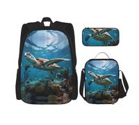 MDATT Mochilas de estudio de tortugas marinas con lonchera, estuche de lona, bolsa de viaje para estudiantes de primaria, Black, Talla única, Juego de mochila escolar