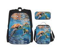 MDATT Mochilas de estudio de tortugas marinas con lonchera, estuche de lona, bolsa de viaje para estudiantes de primaria, Black, Talla única, Juego de mochila escolar