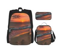 MDATT Mochilas de estudio Sunset at The Beach con lonchera, estuche de lona, bolsa de viaje para estudiantes de primaria, Black, Talla única, Juego de mochila escolar