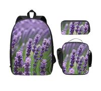 MDATT Mochilas de flores florales de lavanda púrpura con estuche para el almuerzo, bolsa ligera para libros para excursiones de camping, Negro, Talla única