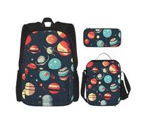 MDATT Outer Space Planet Mochilas de estudio con lonchera y estuche de lona para estudiantes de primaria, Black, Talla única, Juego de mochila escolar
