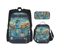 MDATT Psych - Mochila con cita de piña con lonchera y estuche para lápices, de 3 pulgadas, mochilas kawaii con bolsa de almuerzo a juego, Mapa geográfico del, Talla única, Mochilas de día