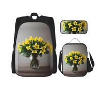 MDATT Ramo de narcisos, mochilas de estudio con lonchera y estuche de lona, bolsa de viaje para estudiantes de primaria, Black, Talla única, Juego de mochila escolar