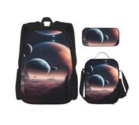 MDATT Space Planet Mochilas de estudio con lonchera y estuche de lona para estudiantes de primaria, Black, Talla única, Juego de mochila escolar