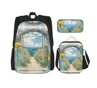 MDATT Temporada acuarelas de hierbas y flores, mochilas de estudio con lonchera, estuche de lona, bolsa de viaje para estudiantes de primaria, Black, Talla única, Juego de mochila escolar