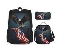 MDATT Una mochila de rosa roja para niñas, mochilas escolares con lonchera y estuche 3 en 1 juego de bolsas escolares, 3d águila calva volando con bandera americana, Talla única