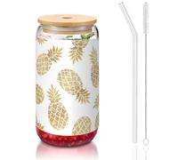 MDATT Vasos de 16 onzas con tapa y popote, diseño de fondo de piña dorada, bonitos vasos de agua para jugo, cerveza, café, té