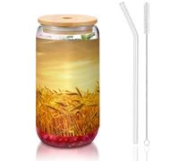 MDATT Vasos de agua con impresión de campo de trigo de 16 onzas con tapas y popotes, bonitos vasos de agua para jugo, cerveza, café, té