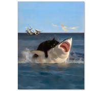 MDBJTCYZN Renaissance Style Cat and Shark Art, Funny Animal Rivalry Canvas Wall Print, Unique Conversation Piece for Living Room, Bedroom Decor(Framed,08x12inch(20x30cm))